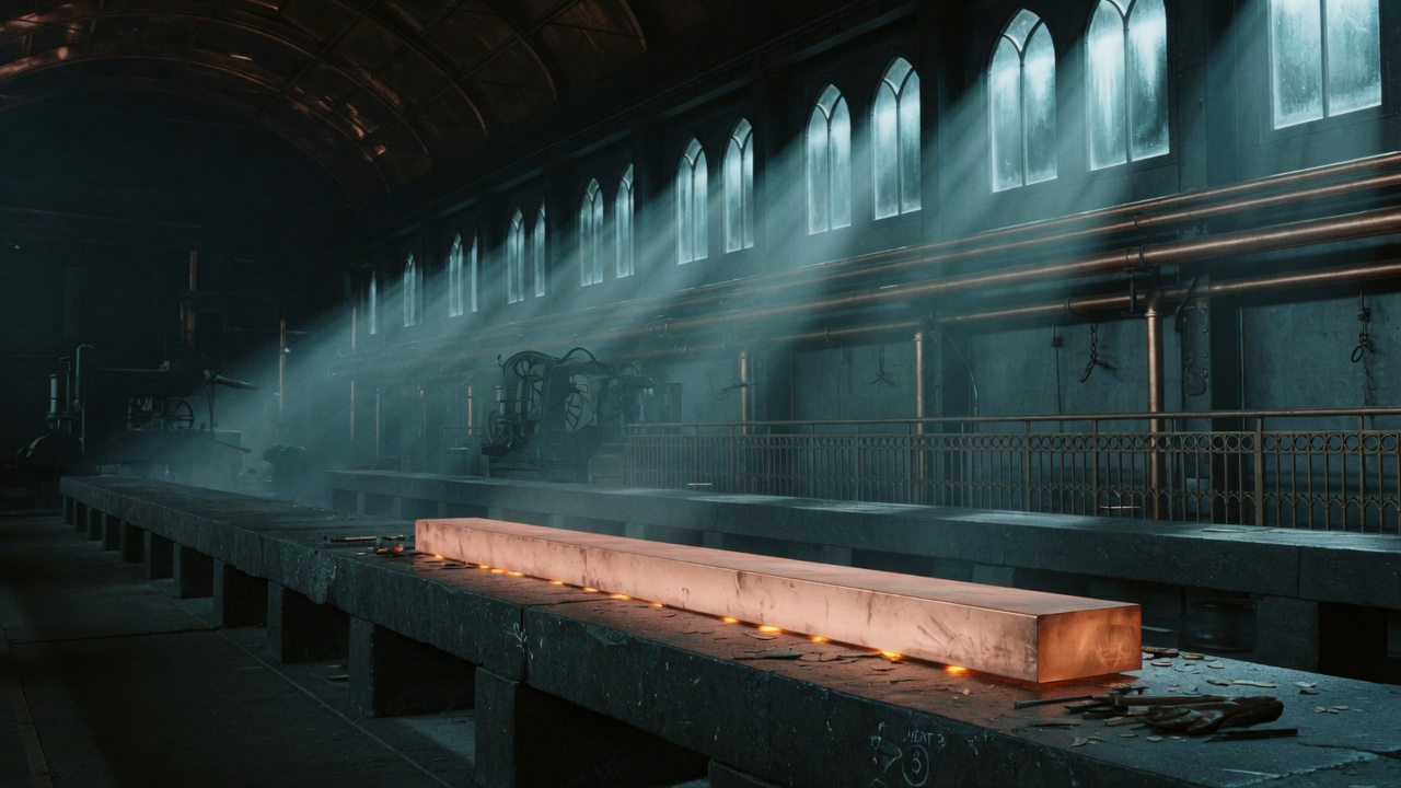 A copper bar glowing on a stone bench in a dark foundry hall