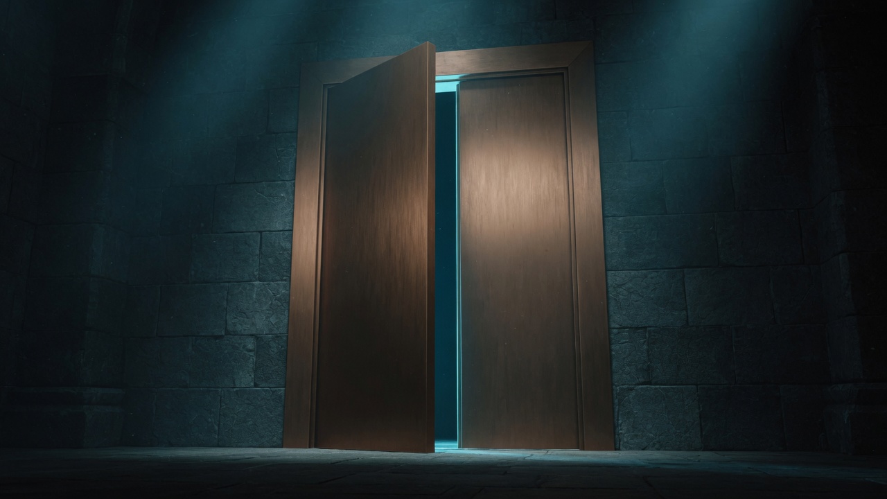 A bronze door standing ajar, with cyan light along the opening