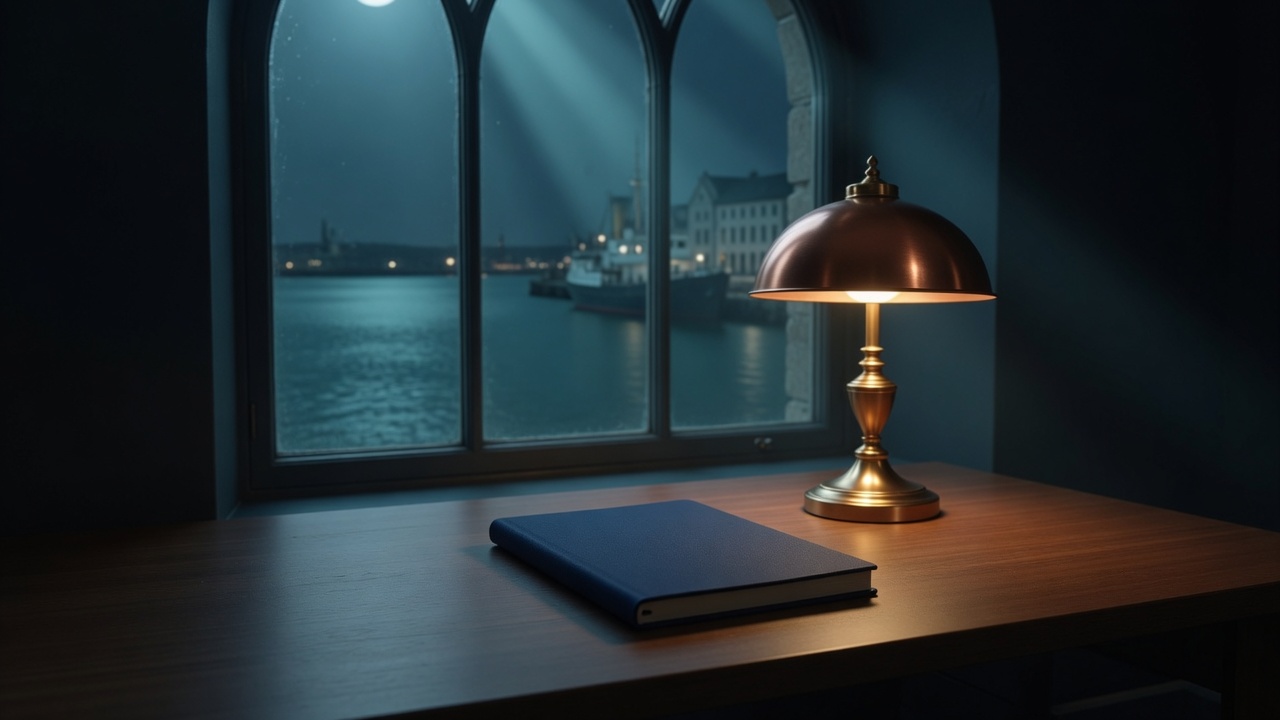 A brass lamp and a closed notebook beside a harbor window at night