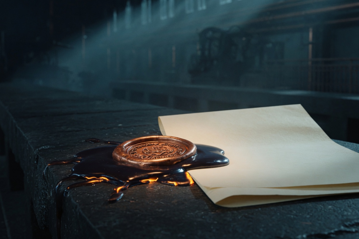 A copper seal pressed into dark wax beside a blank sheet
