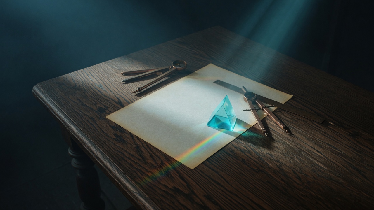 A cyan glass prism and brass instruments on a dark oak table