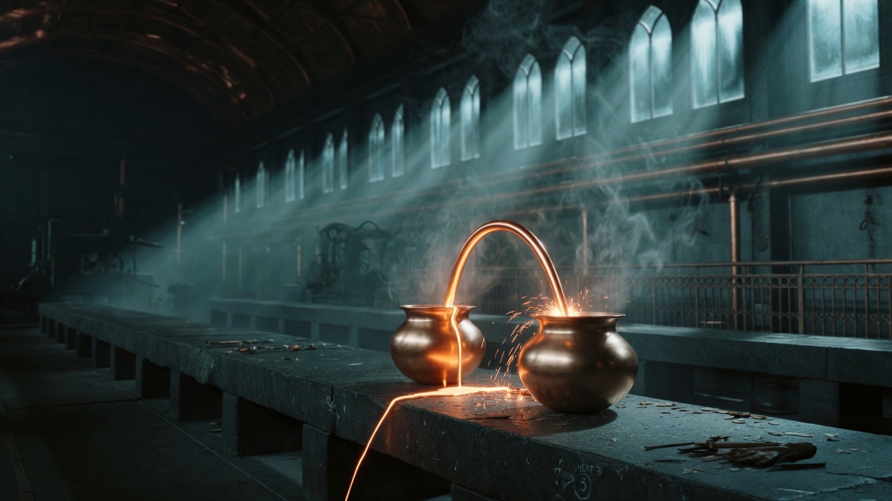 Molten copper pouring between two bronze vessels
