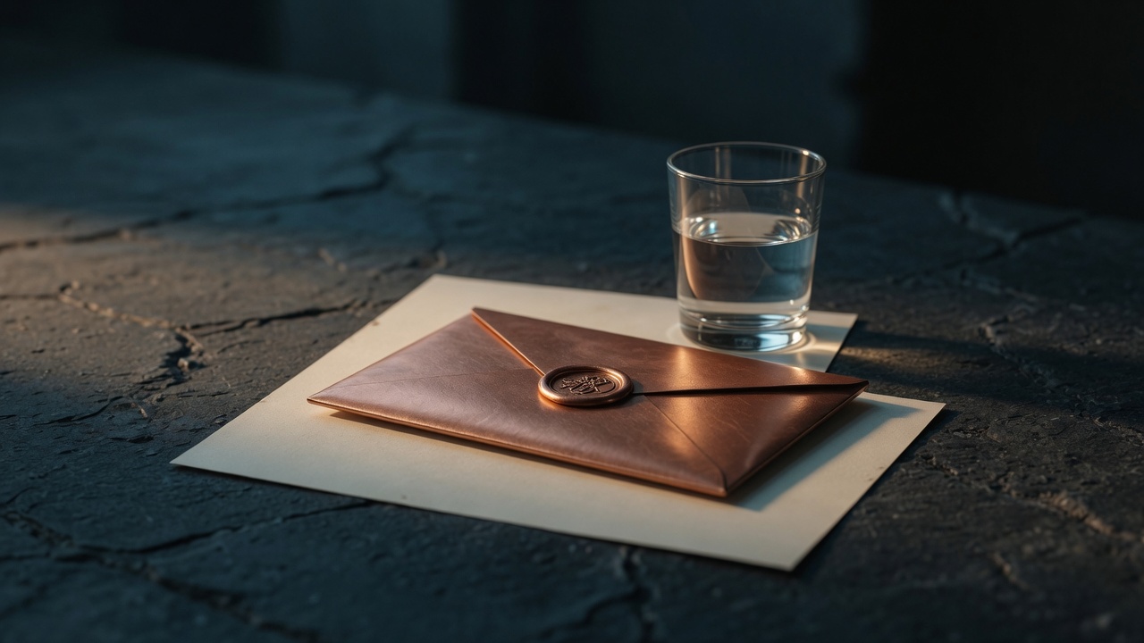 A sealed copper envelope on dark stone