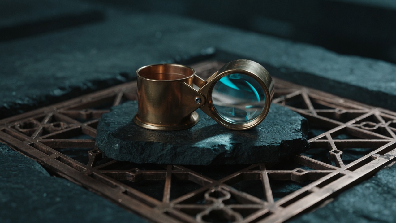 A brass loupe on dark stone over a bronze lattice